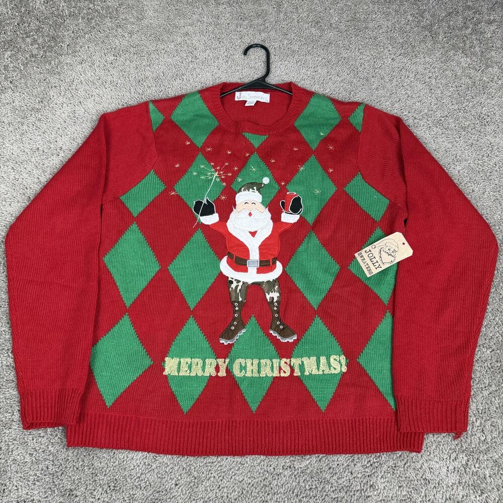 Jolly Sweaters Sweater Mens XL Red Santa Merry Christmas Argyle Knit Pullover